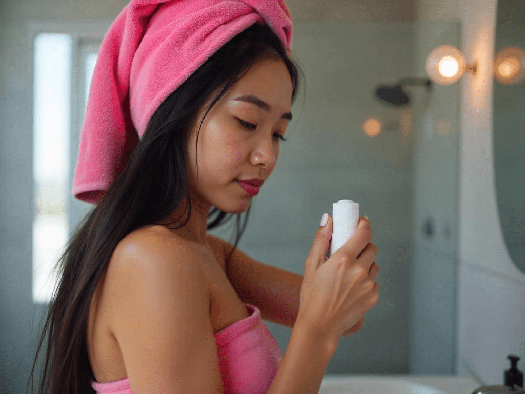 A woman applying deodorant